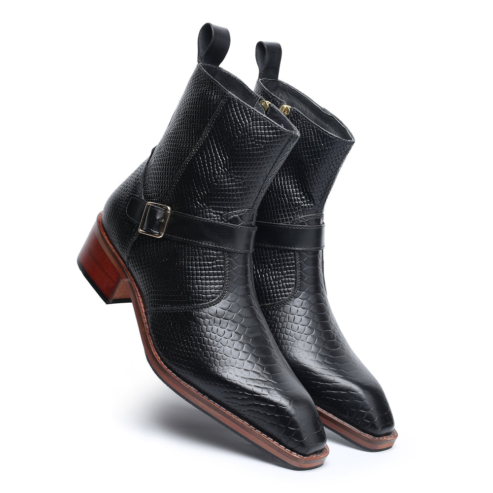 Godfather Series Men’s Pointed Cuban Heel Suede Leather Chain Boots