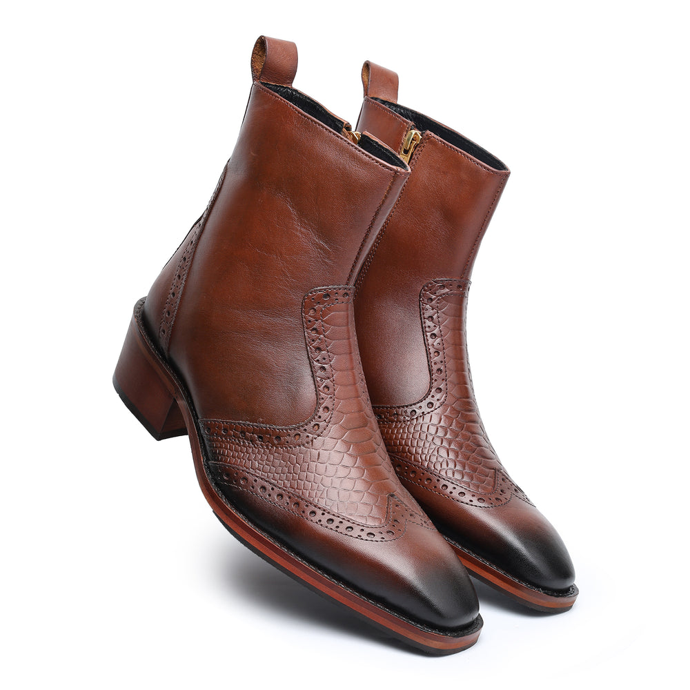 Godfather Series Men’s Pointed Cuban Heel Suede Leather Chain Boots