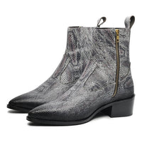 Godfather Series Men’s Pointed Cuban Heel Snake Pattern Leather Chain Boots - DYNOGEM