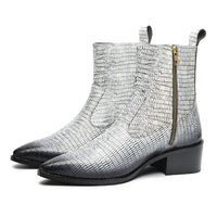 Godfather Series Men’s Pointed Textured Cuban Heel Leather Chain Boots - DYNOGEM