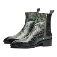 Godfather Series Men’s Italian Snake Textured Cuban Heel Leather Chain Boots - DYNOGEM