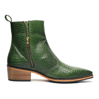 Godfather Series Men’s Pointed Crock Textured Cuban Heel Leather Chain Boots - DYNOGEM