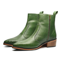Godfather Series Men’s Pointed Crock Textured Cuban Heel Leather Chain Boots - DYNOGEM