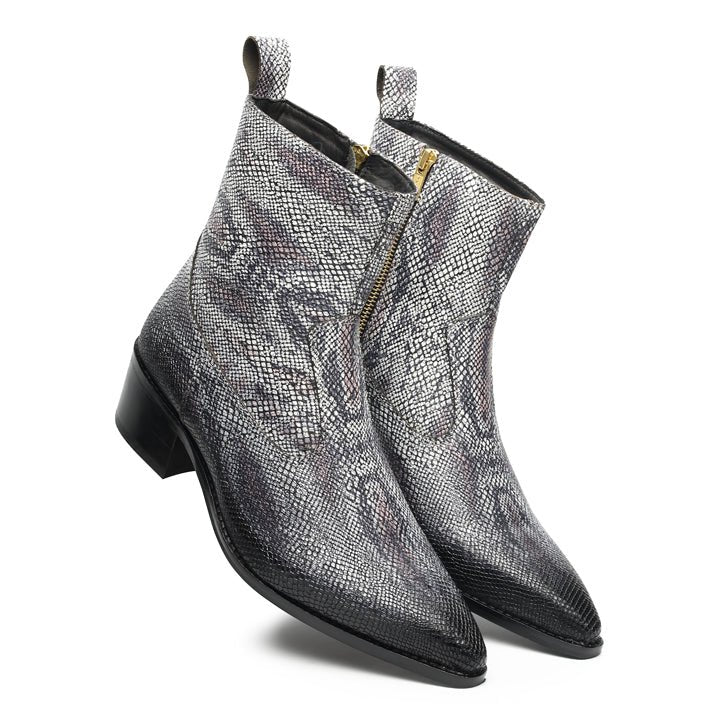 Godfather Series Men’s Pointed Cuban Heel Snake Pattern Leather Chain Boots - DYNOGEM