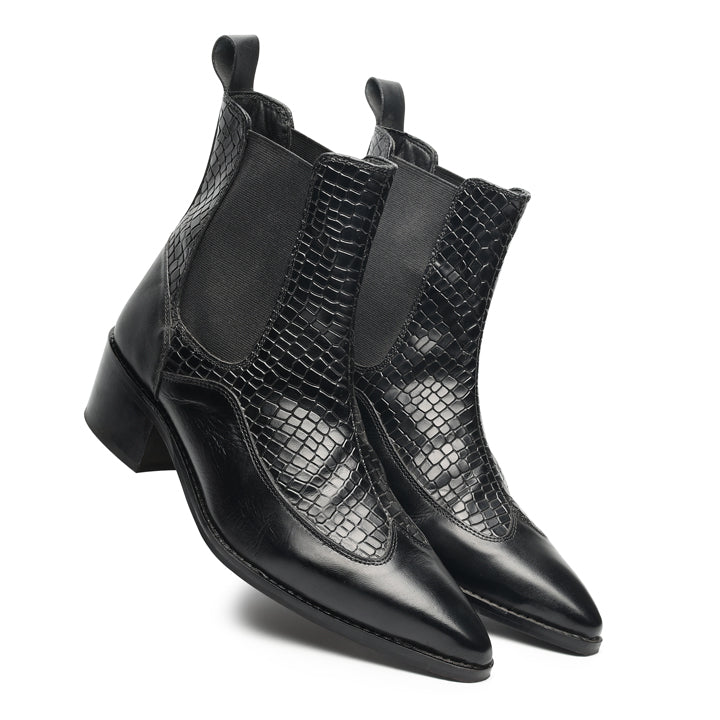 Godfather Series Men’s Pointed Brogue Cuban Heel Leather Chain Boots - DYNOGEM