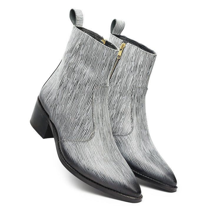 Godfather Series Men’s Pointed Textured Cuban Heel Leather Chain Boots - DYNOGEM
