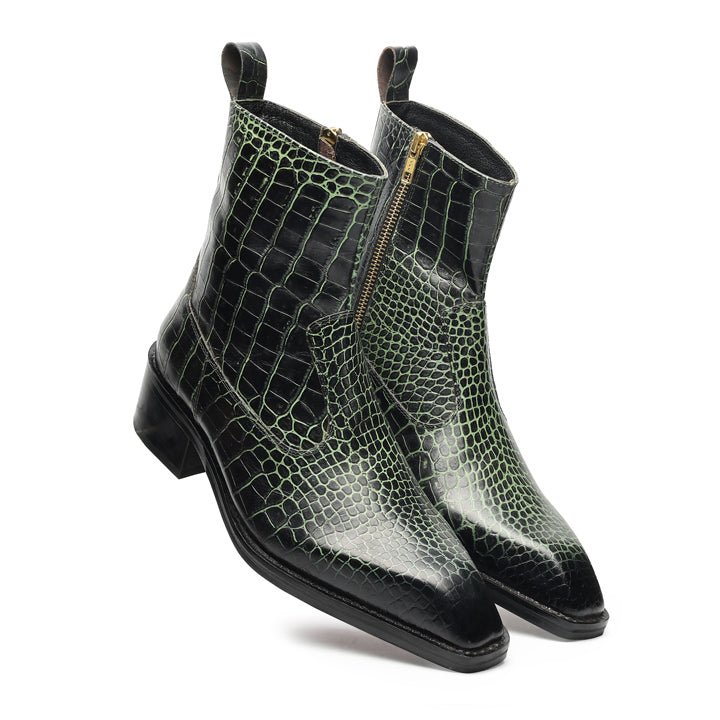 Godfather Series Men’s Italian Snake Textured Cuban Heel Leather Chain Boots - DYNOGEM