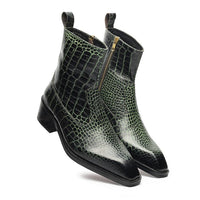 Godfather Series Men’s Italian Snake Textured Cuban Heel Leather Chain Boots - DYNOGEM