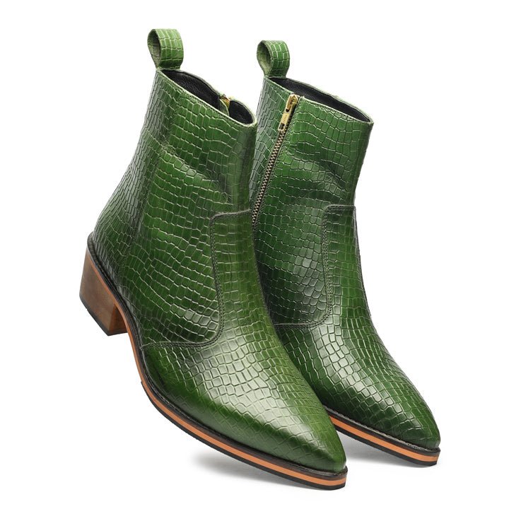 Godfather Series Men’s Pointed Crock Textured Cuban Heel Leather Chain Boots - DYNOGEM